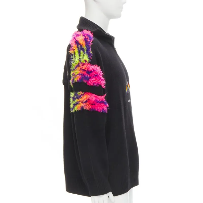 BALENCIAGA 2018 BB Pride Flag embroidery faux fur black wool turtleneck XS
