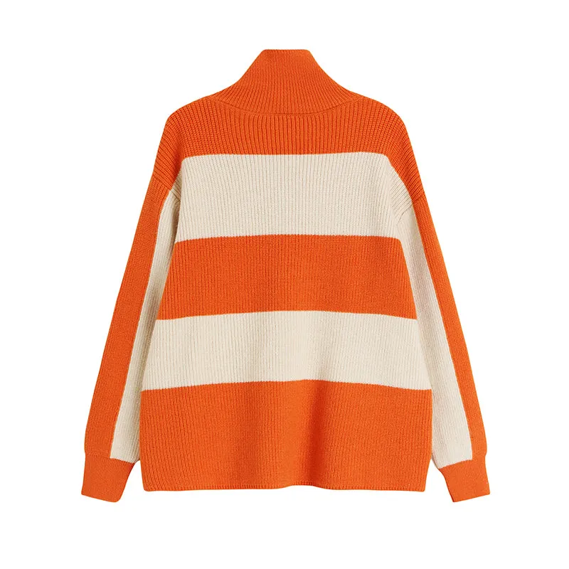 black and white striped turtleneck sweater women's loose outerwear autumn and winter 2023 thickened sweater top tide