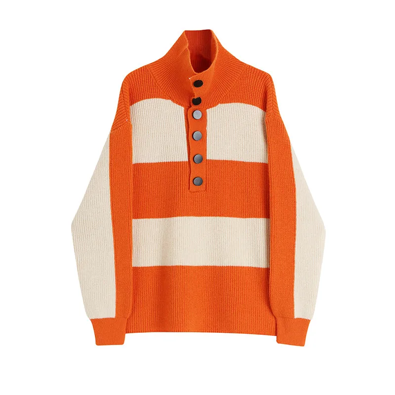 black and white striped turtleneck sweater women's loose outerwear autumn and winter 2023 thickened sweater top tide