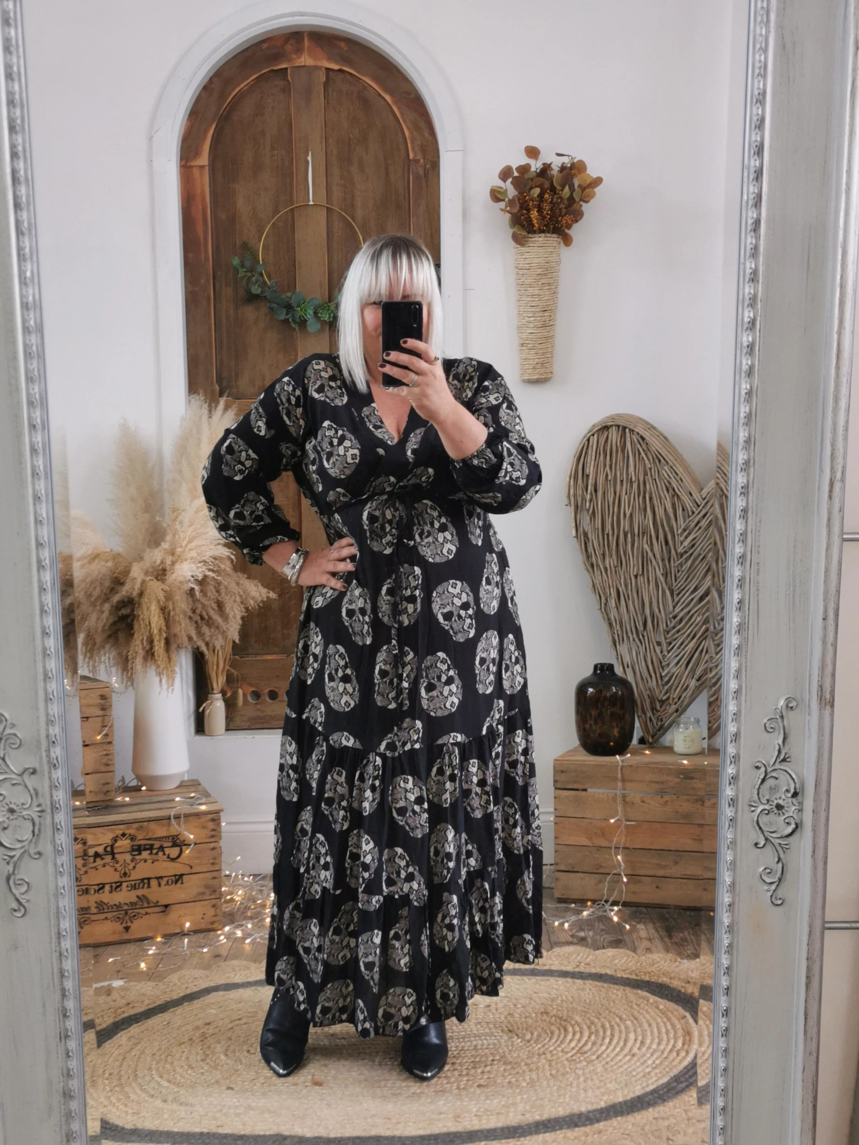 Black Skull Print Midaxi Dress