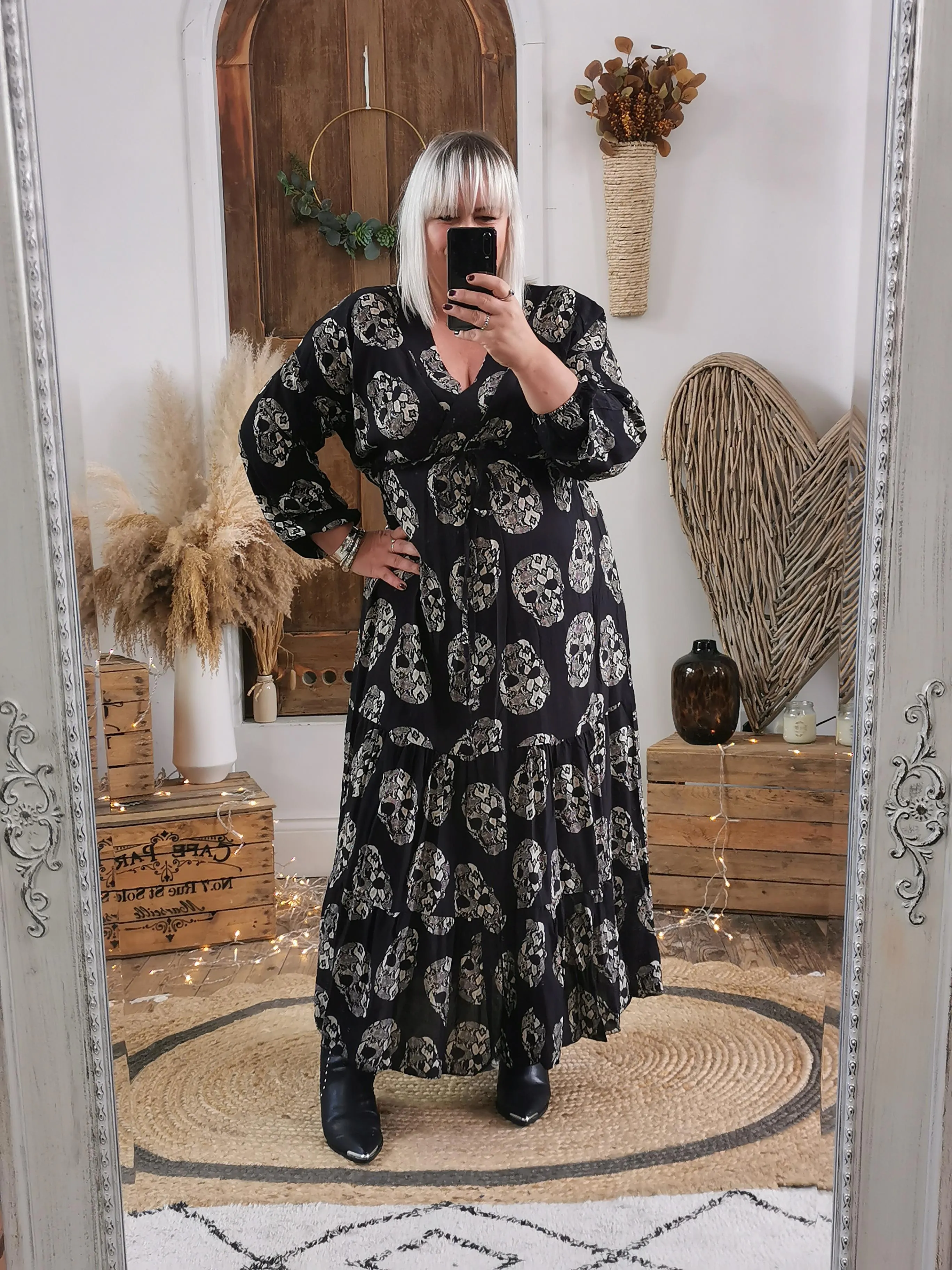 Black Skull Print Midaxi Dress