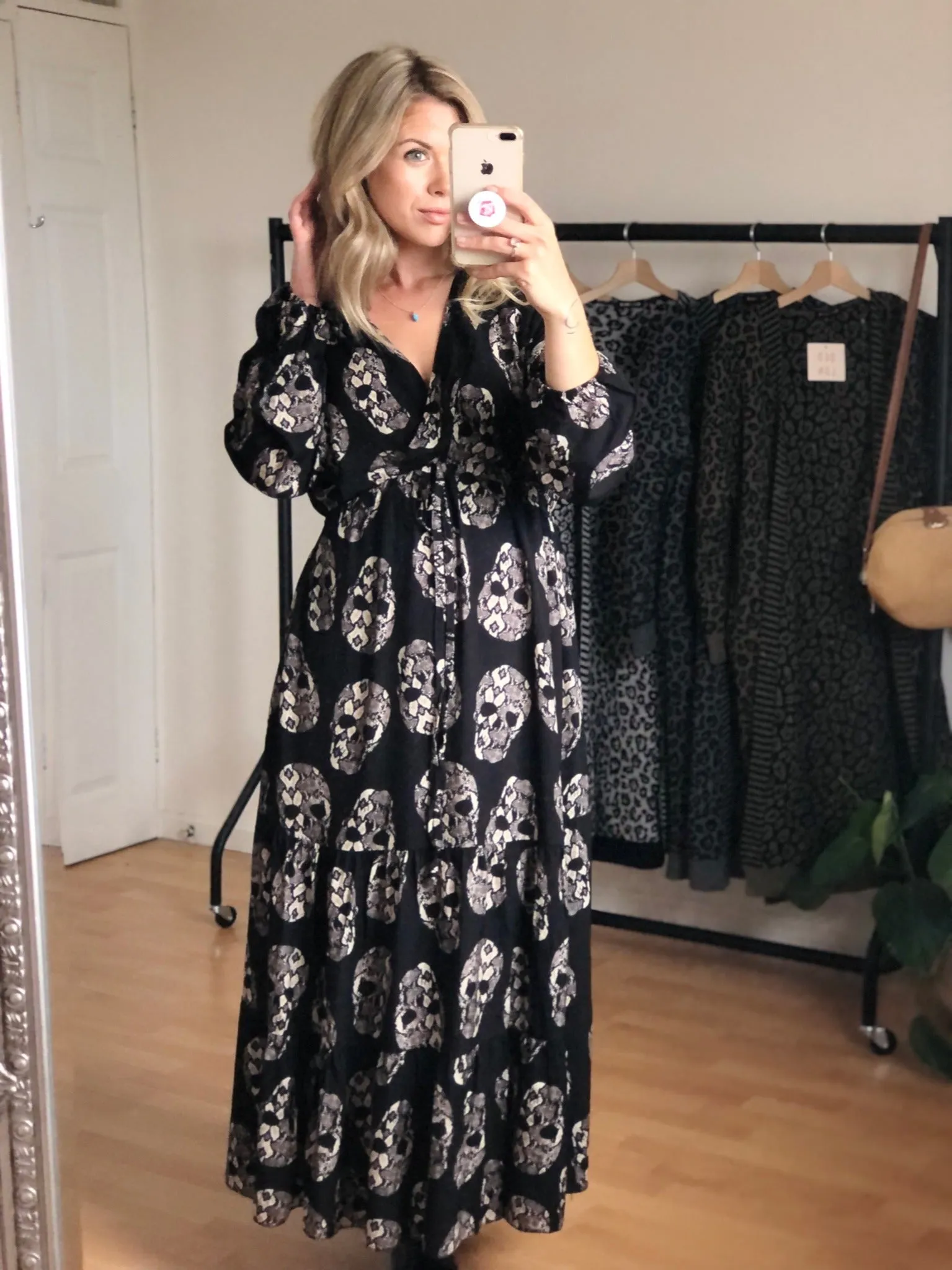 Black Skull Print Midaxi Dress