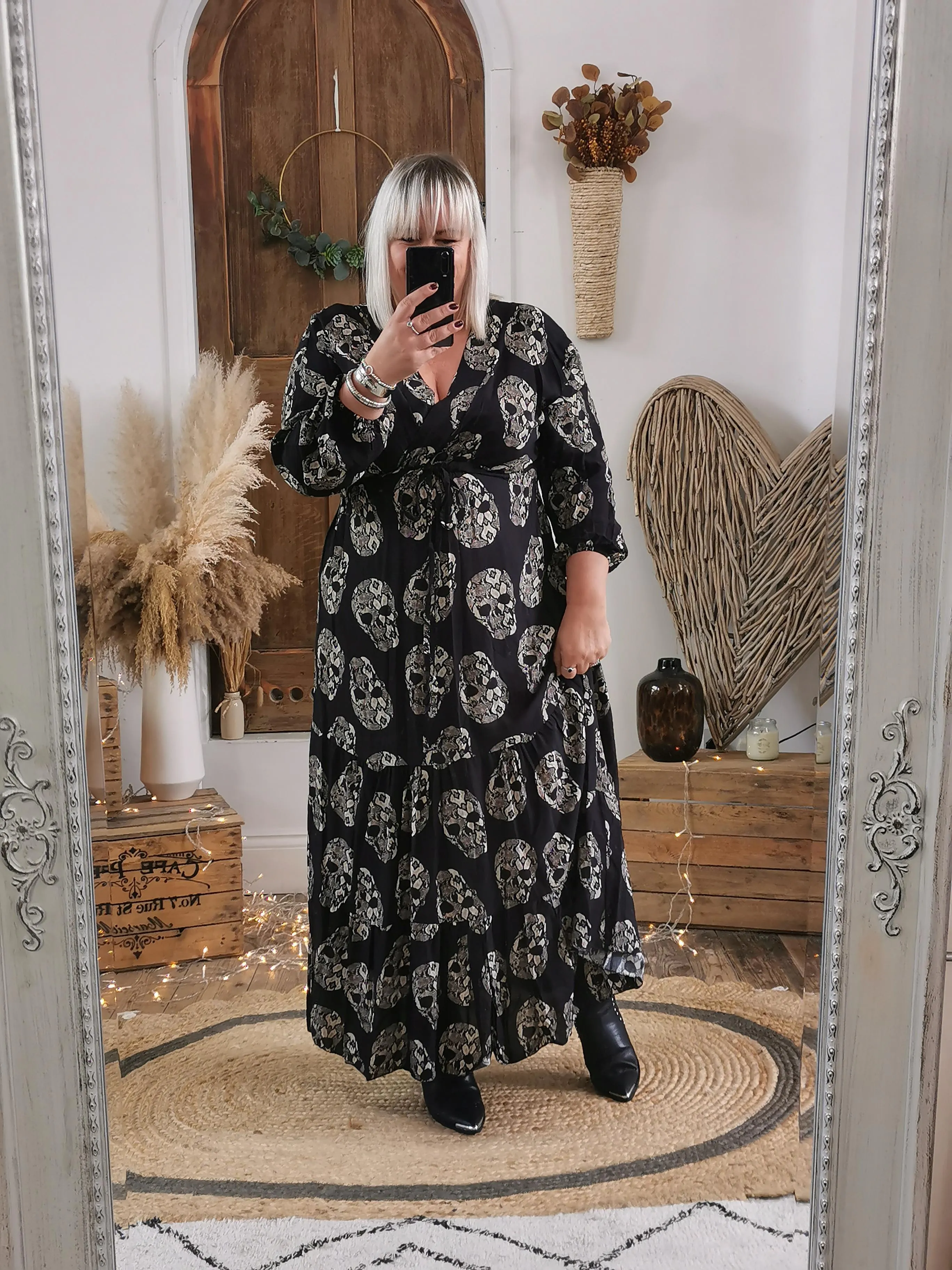 Black Skull Print Midaxi Dress
