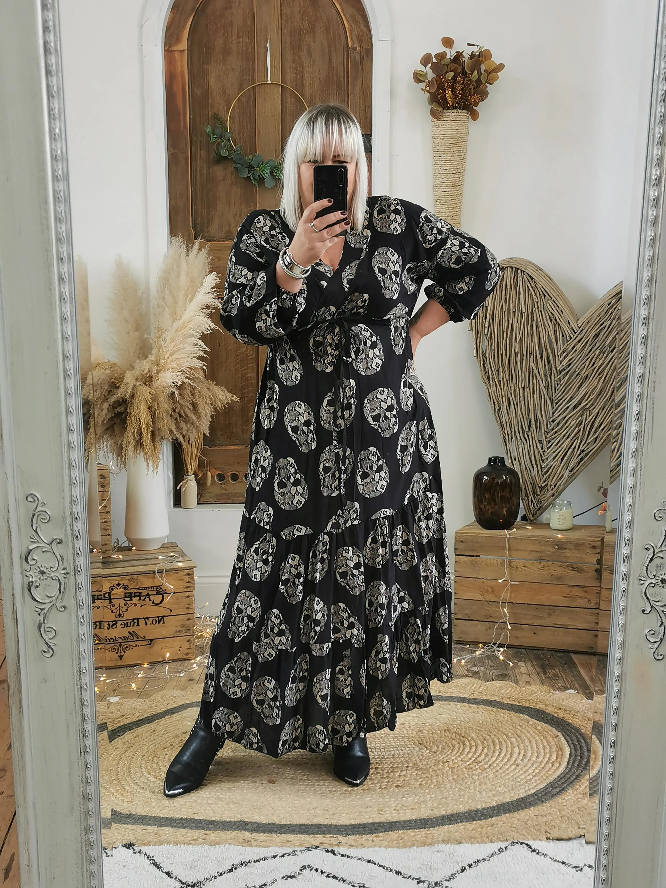 Black Skull Print Midaxi Dress