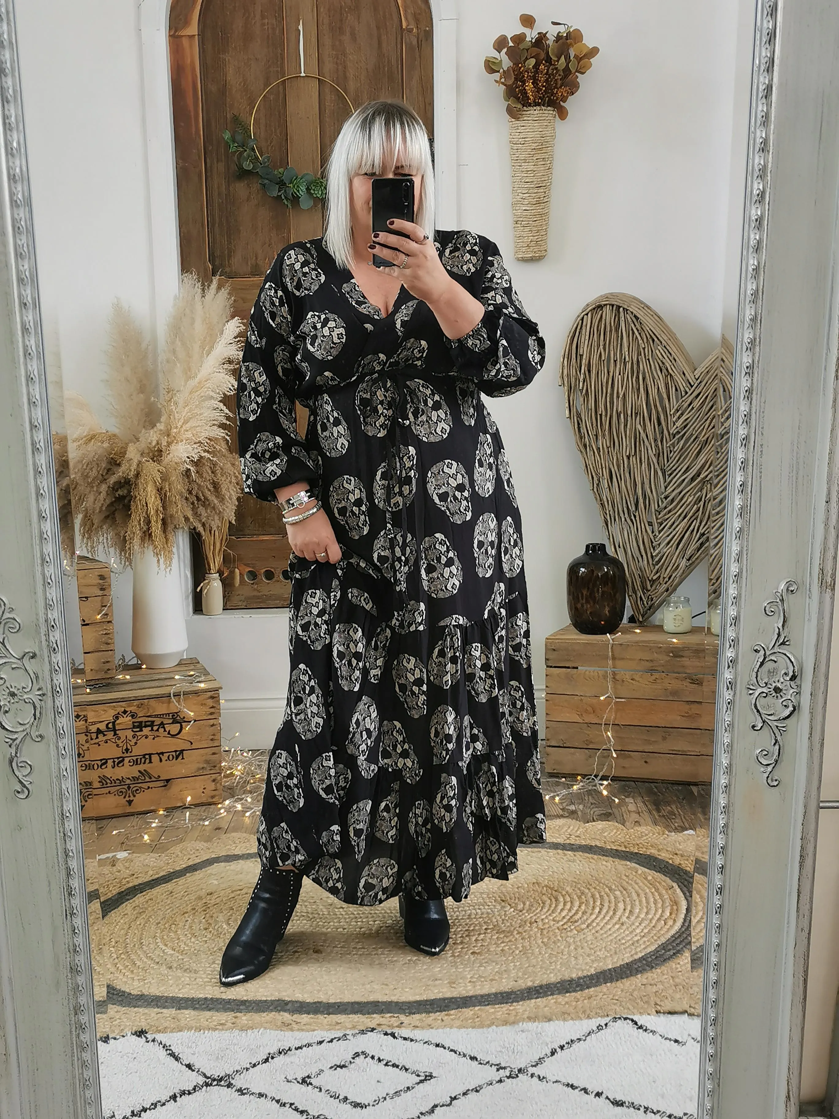 Black Skull Print Midaxi Dress