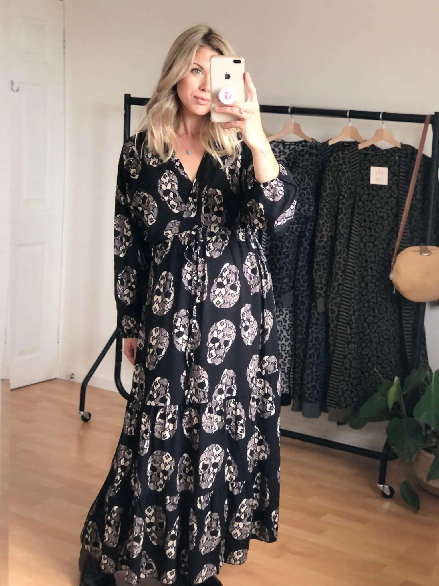 Black Skull Print Midaxi Dress