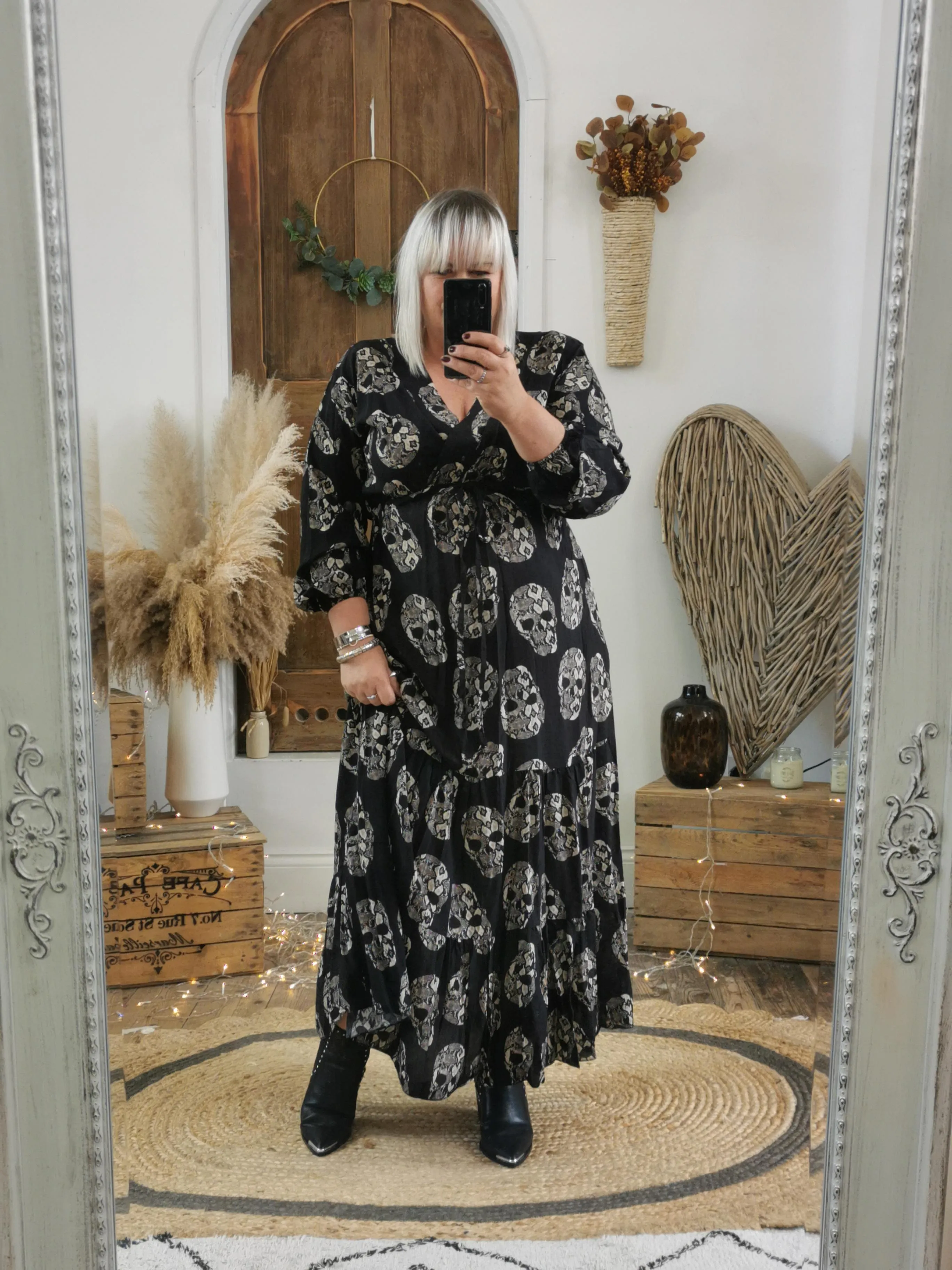 Black Skull Print Midaxi Dress