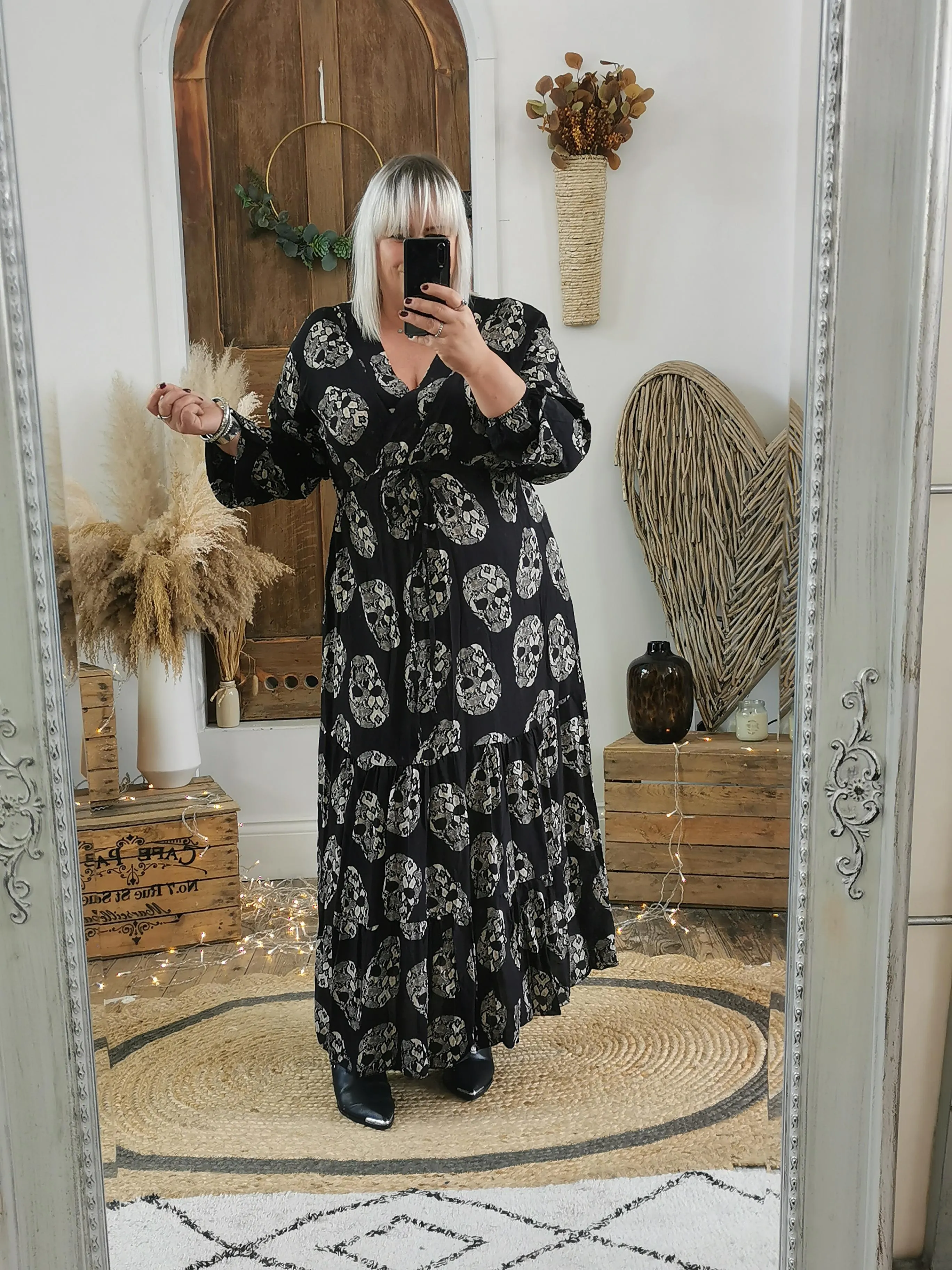 Black Skull Print Midaxi Dress