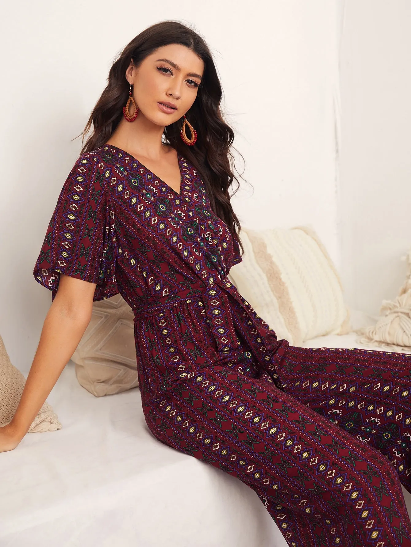 Boho Tribal Wrap Short Sleeve V Neck High Waist Long Women Jumpsuit