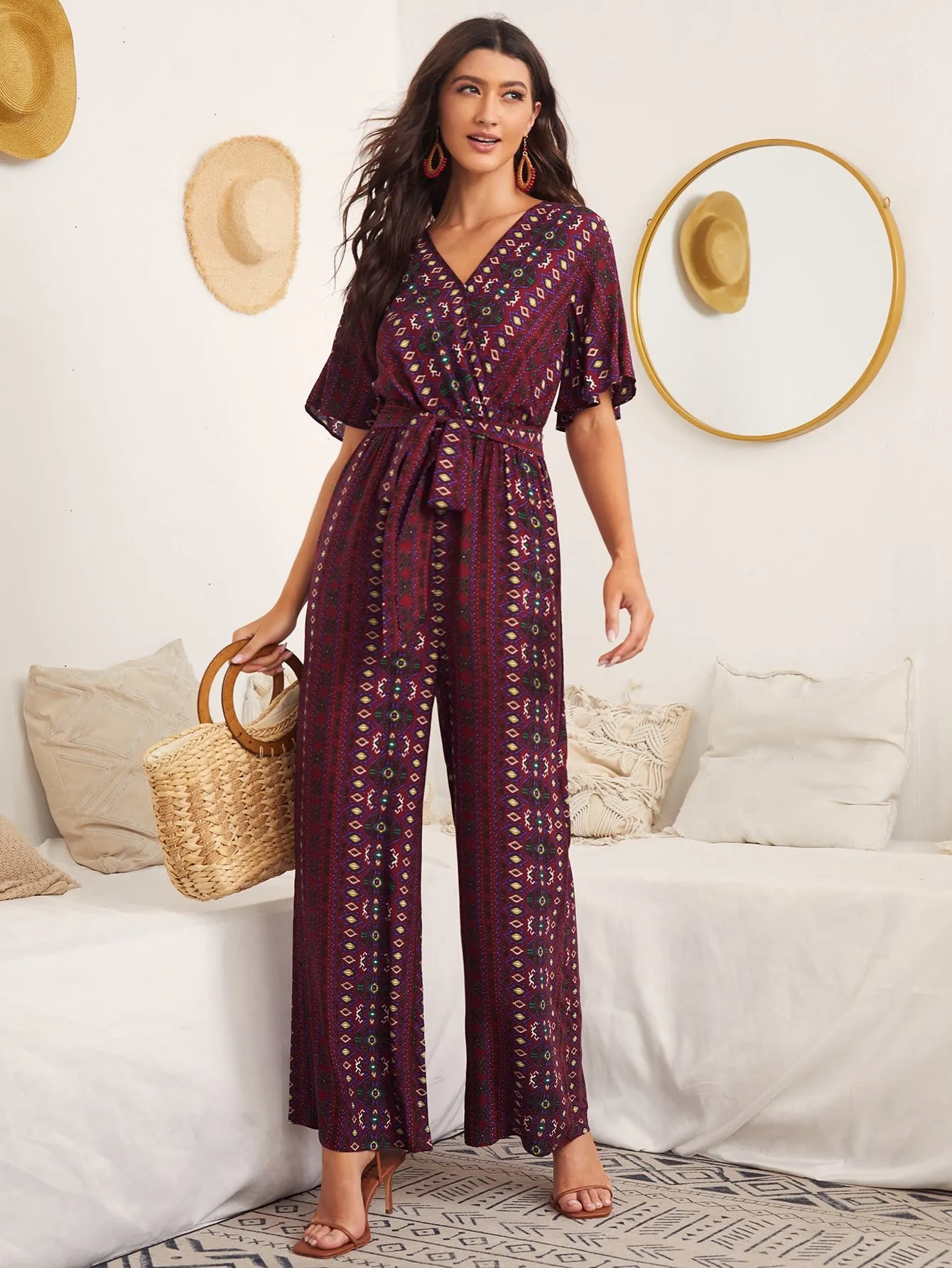 Boho Tribal Wrap Short Sleeve V Neck High Waist Long Women Jumpsuit