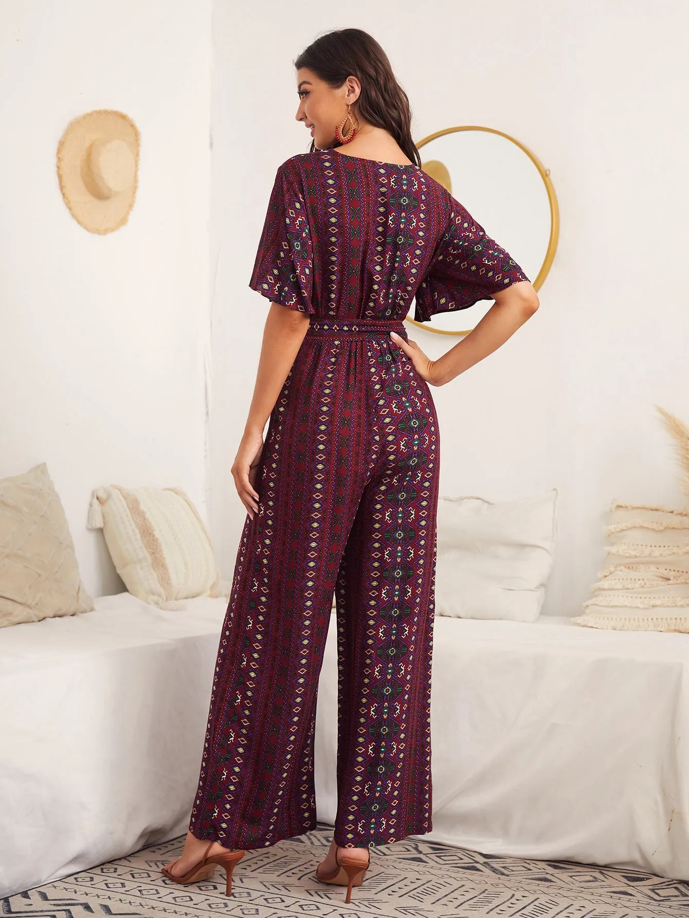Boho Tribal Wrap Short Sleeve V Neck High Waist Long Women Jumpsuit