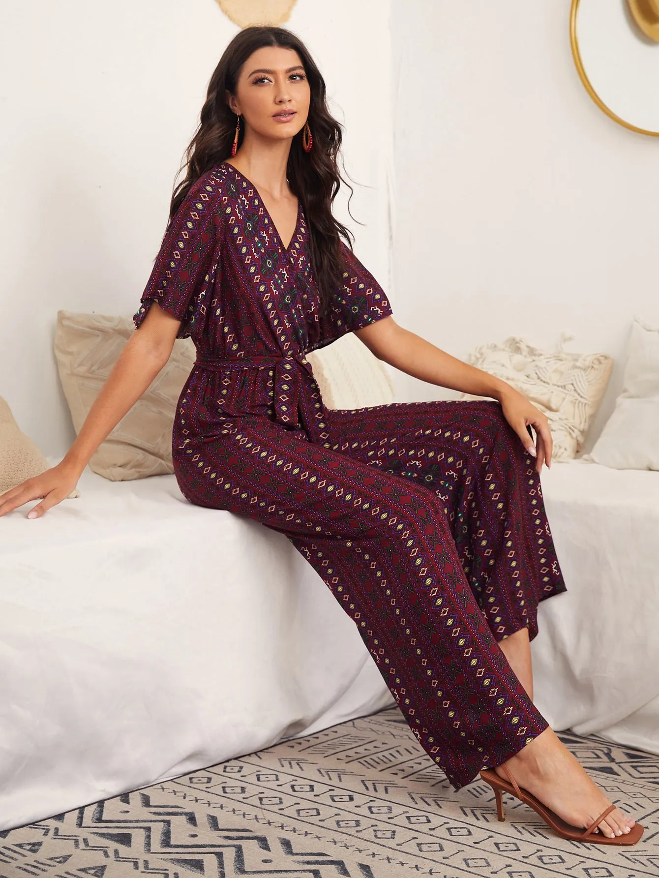 Boho Tribal Wrap Short Sleeve V Neck High Waist Long Women Jumpsuit