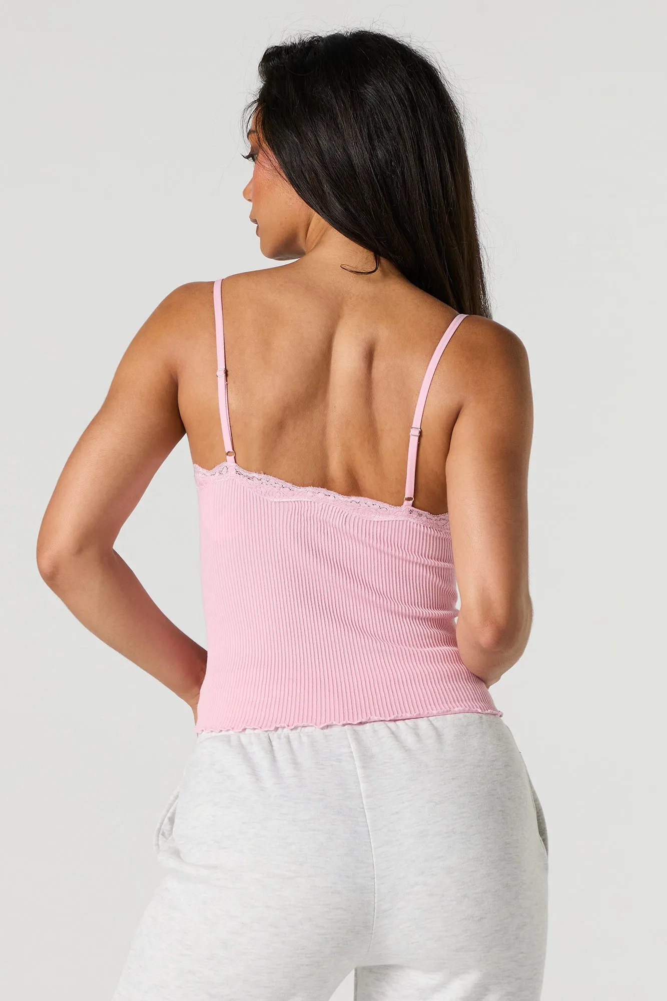 Camisole côtelée sans couture avec liséré de dentelle