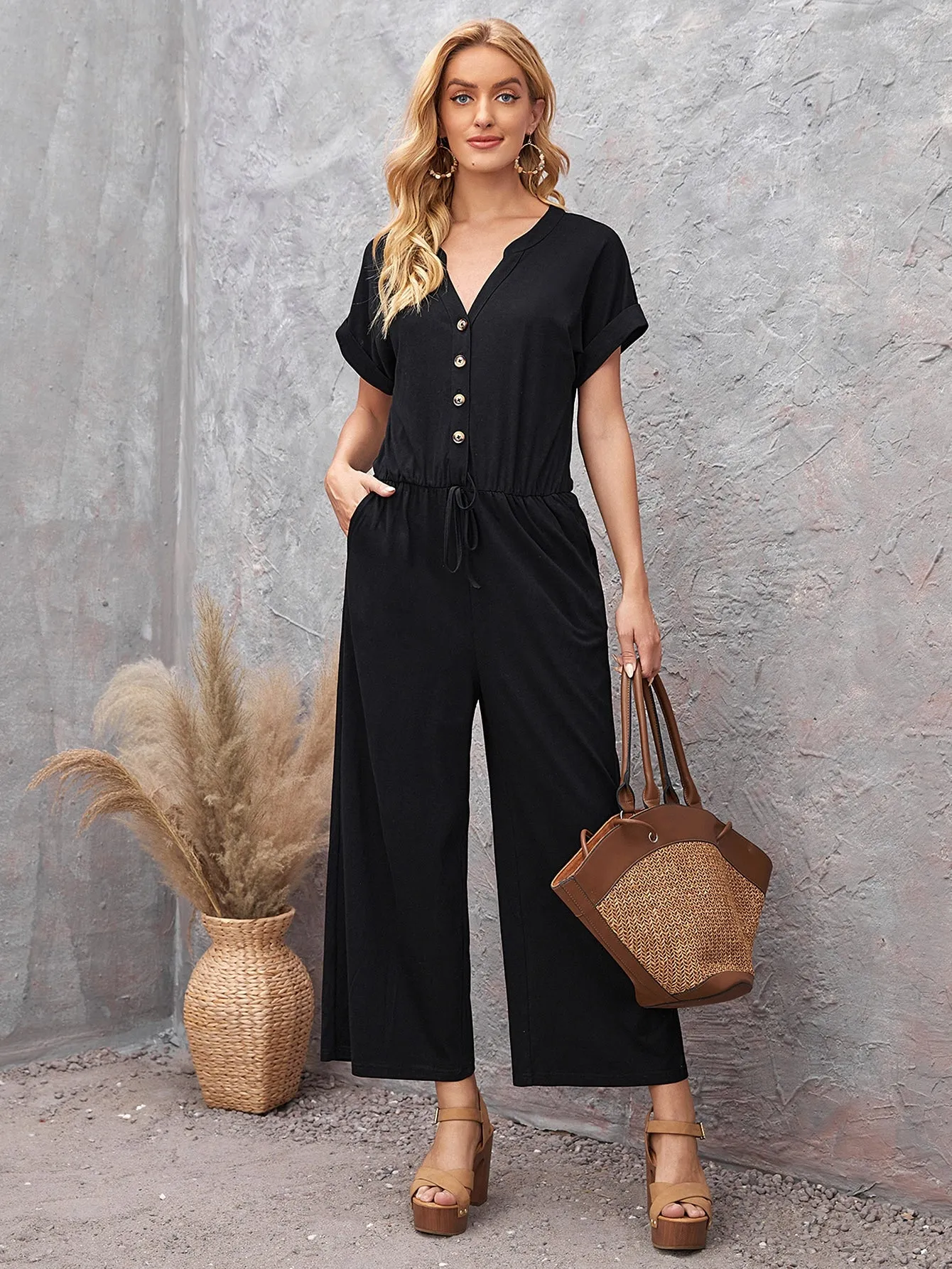 Casual Plain Button Front Short Sleeve Notched Natural Long Women Jumpsuit