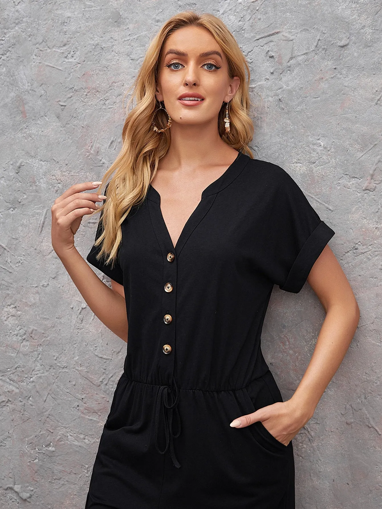 Casual Plain Button Front Short Sleeve Notched Natural Long Women Jumpsuit