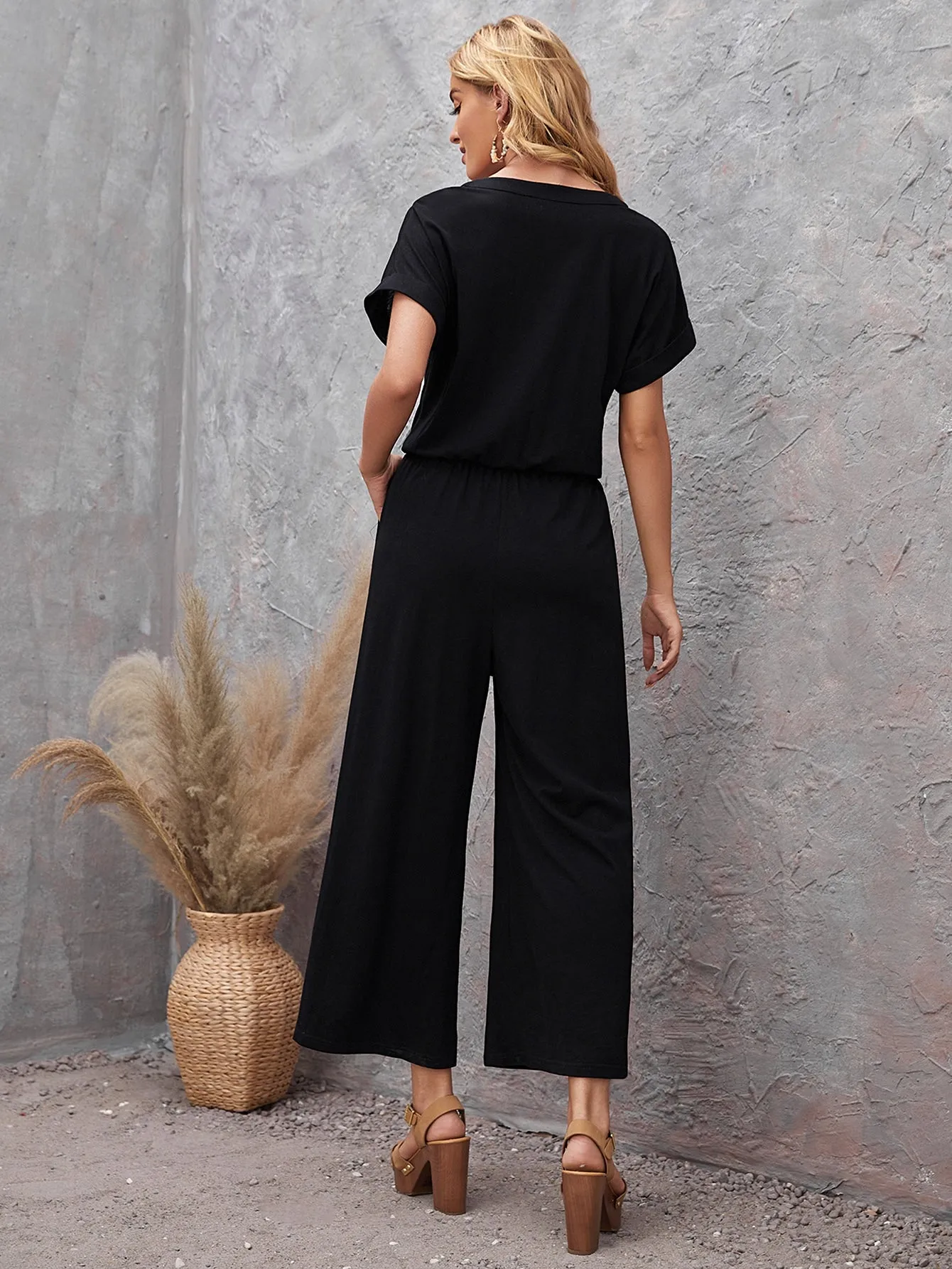 Casual Plain Button Front Short Sleeve Notched Natural Long Women Jumpsuit