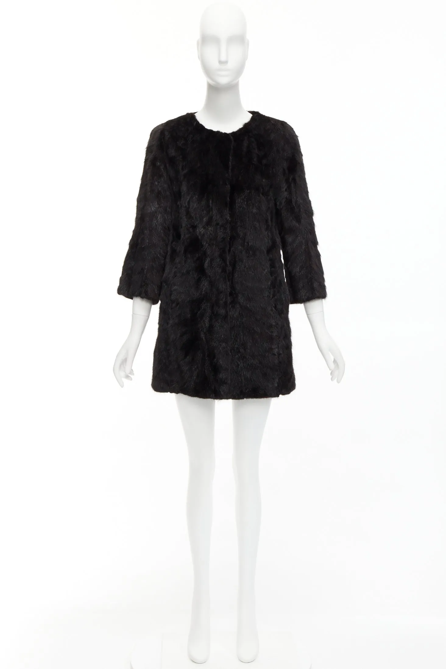 CHEVITTE dark brown genuine fur jewel neck cropped sleeves coat top M