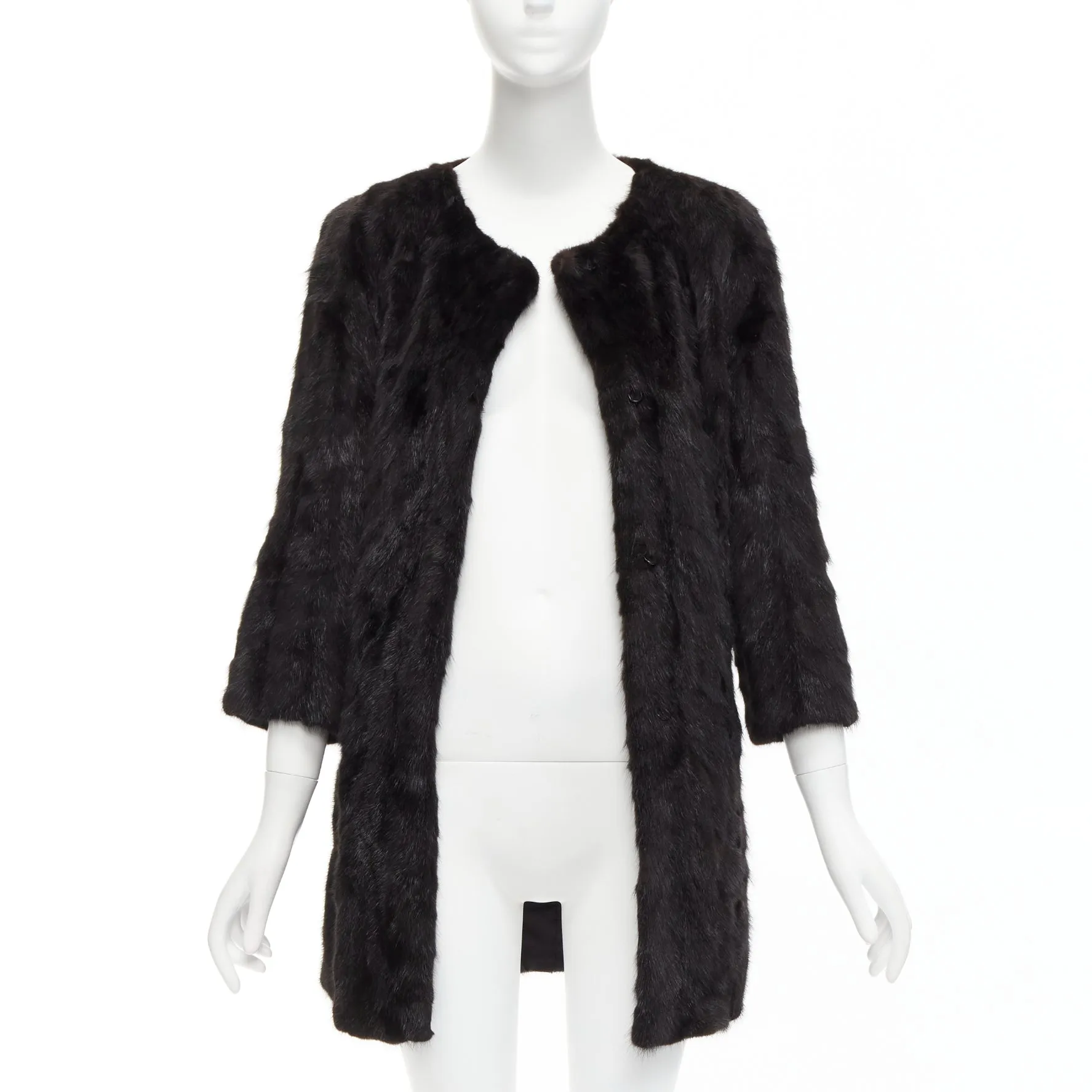 CHEVITTE dark brown genuine fur jewel neck cropped sleeves coat top M
