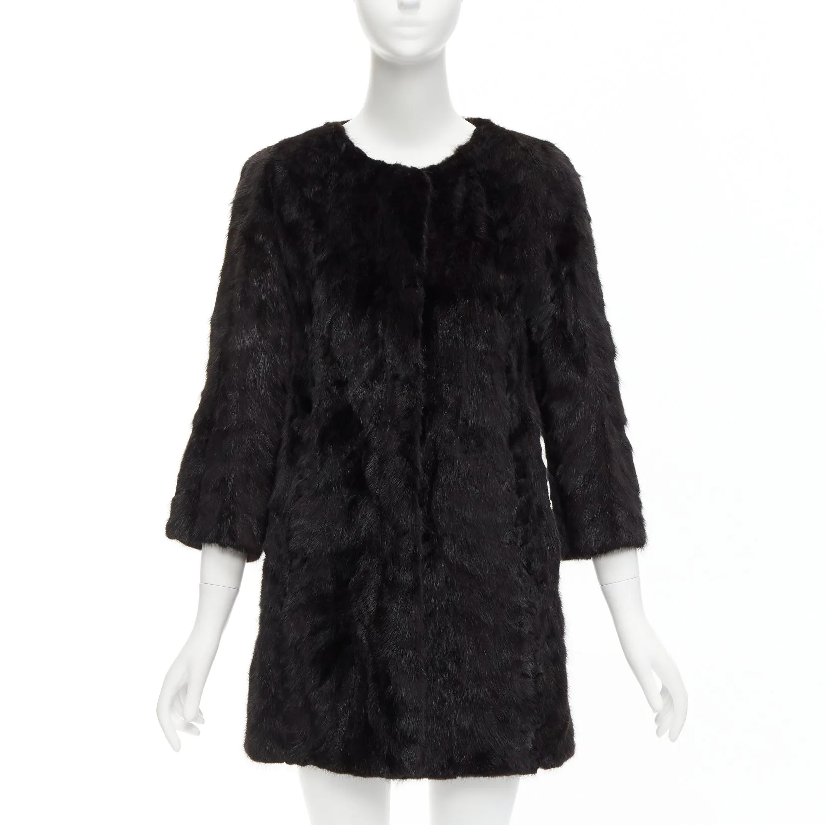CHEVITTE dark brown genuine fur jewel neck cropped sleeves coat top M