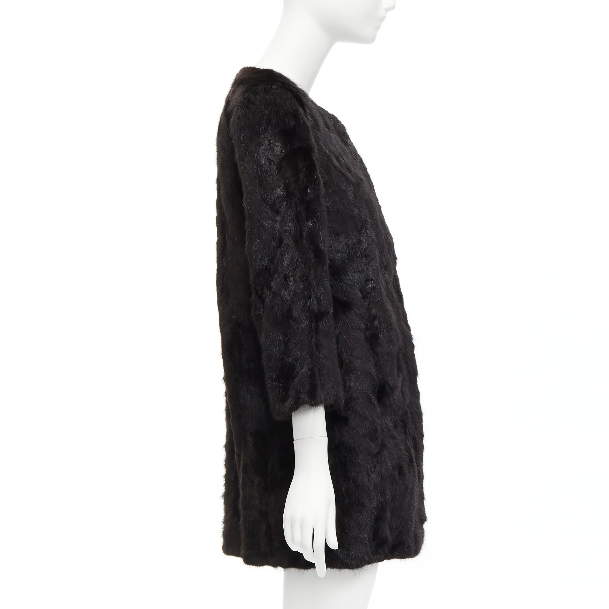 CHEVITTE dark brown genuine fur jewel neck cropped sleeves coat top M