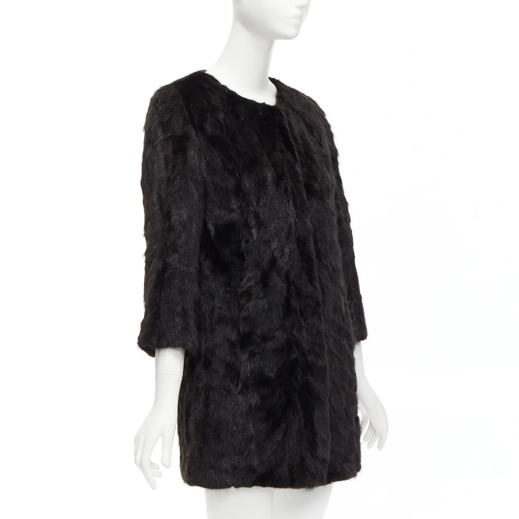 CHEVITTE dark brown genuine fur jewel neck cropped sleeves coat top M