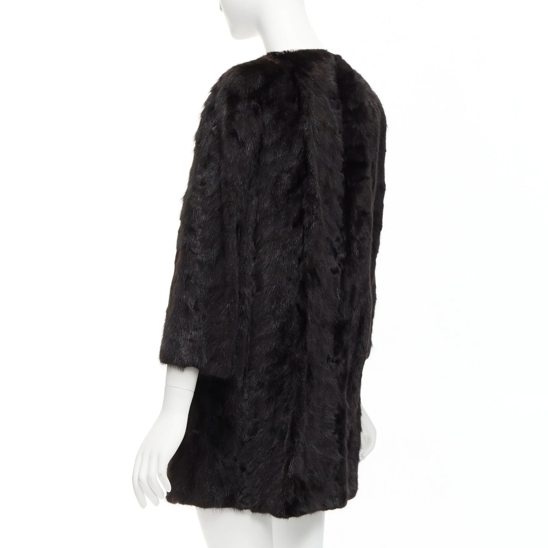 CHEVITTE dark brown genuine fur jewel neck cropped sleeves coat top M