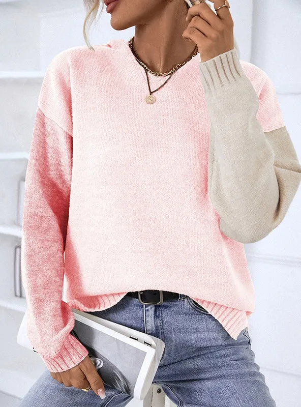 Contrasting Color Hooded Pullover Sweater