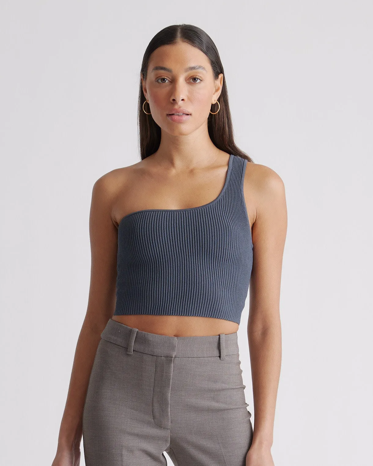 Cropped One Shoulder Ribbed Knit Tank