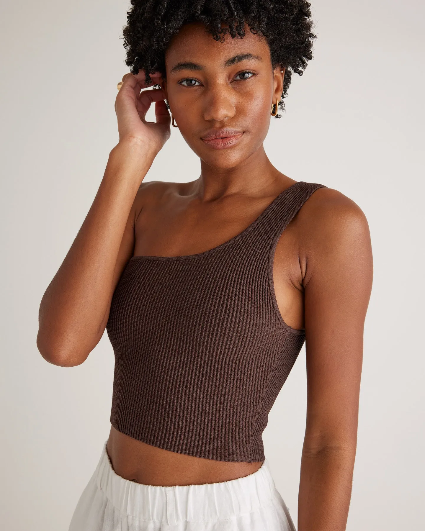 Cropped One Shoulder Ribbed Knit Tank