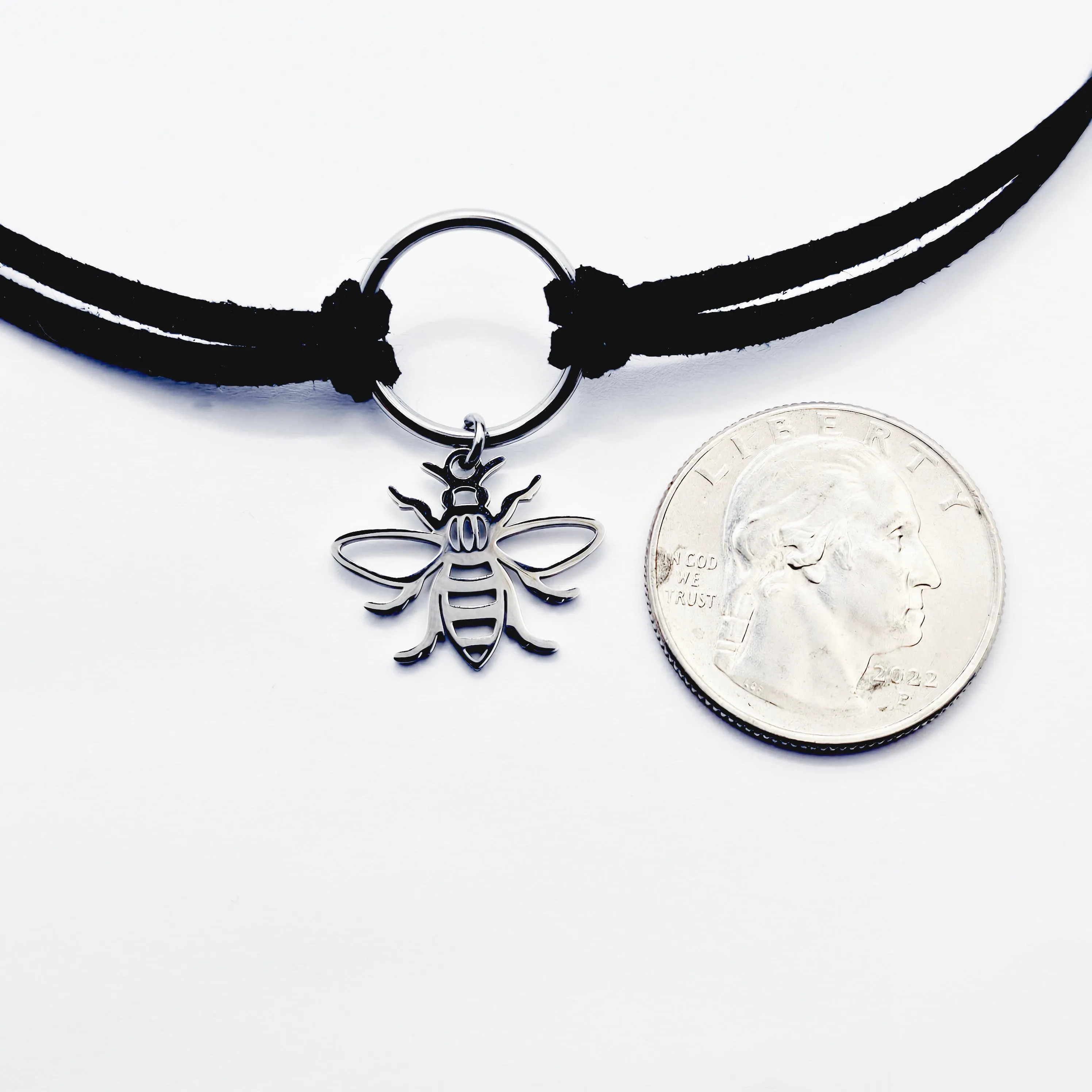 Discreet Day Collar, Faux Leather Choker With Stainless Steel Circle Pendant and Bee.