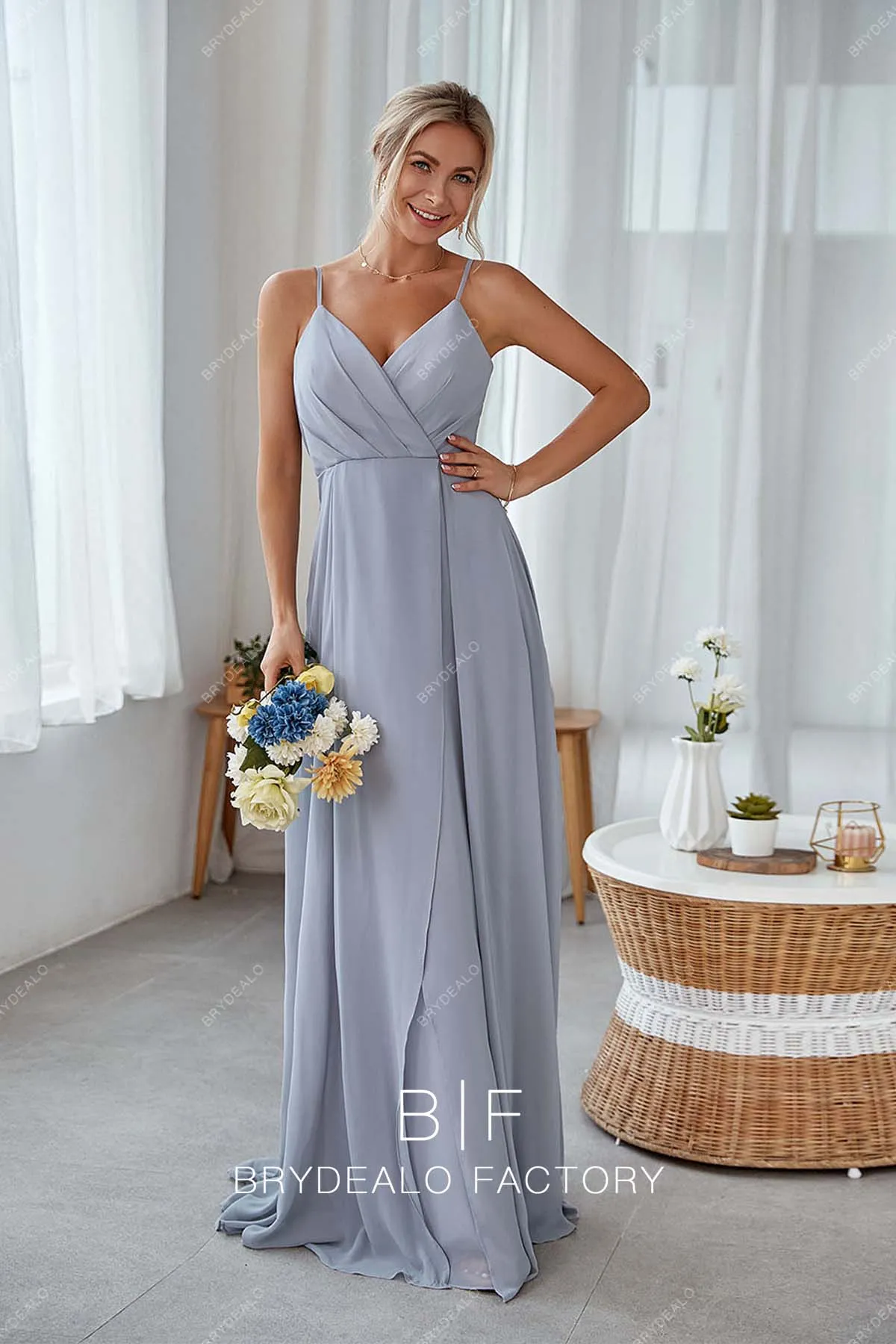 Dusty Blue Chiffon Thin Strap Elegant Long Open Back Dress