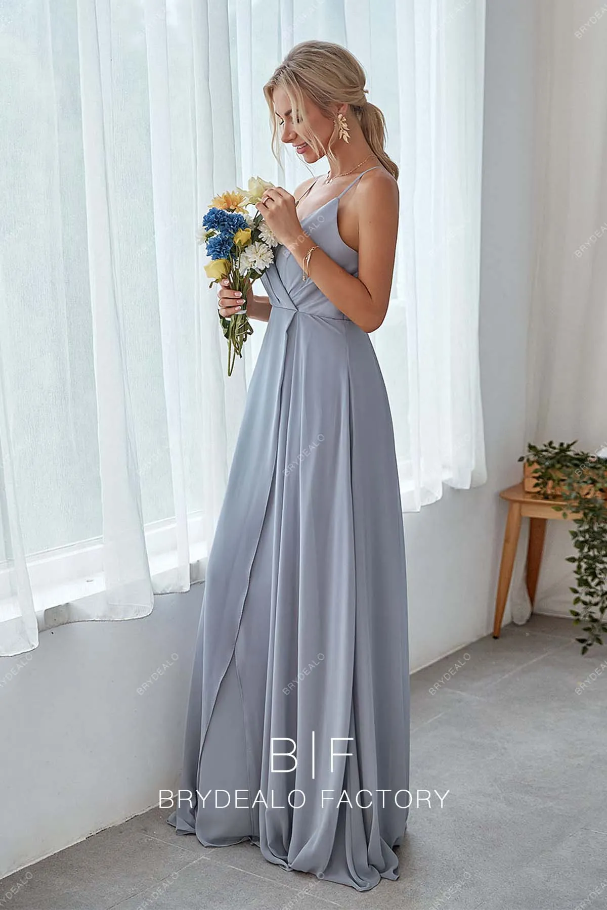 Dusty Blue Chiffon Thin Strap Elegant Long Open Back Dress
