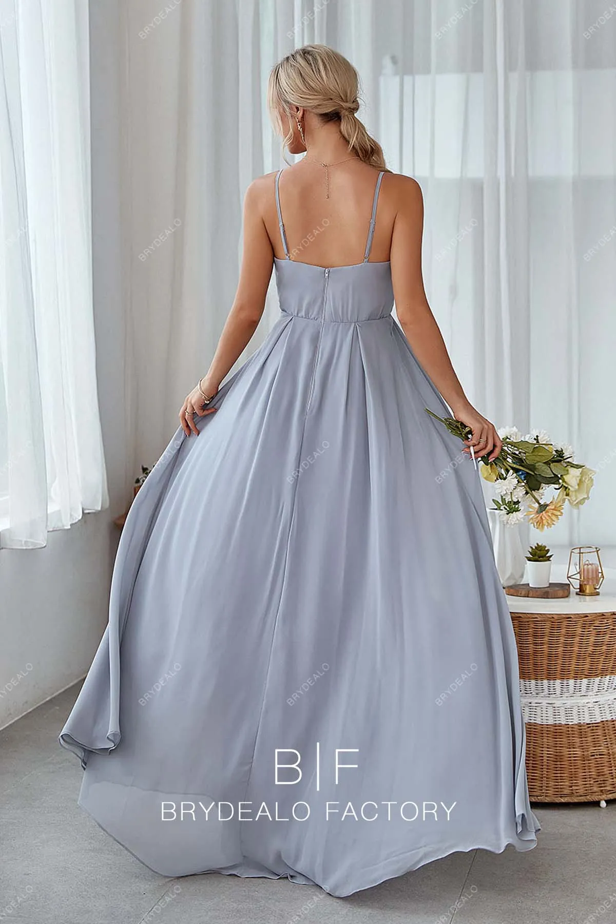Dusty Blue Chiffon Thin Strap Elegant Long Open Back Dress
