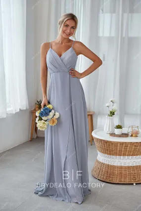 Dusty Blue Chiffon Thin Strap Elegant Long Open Back Dress