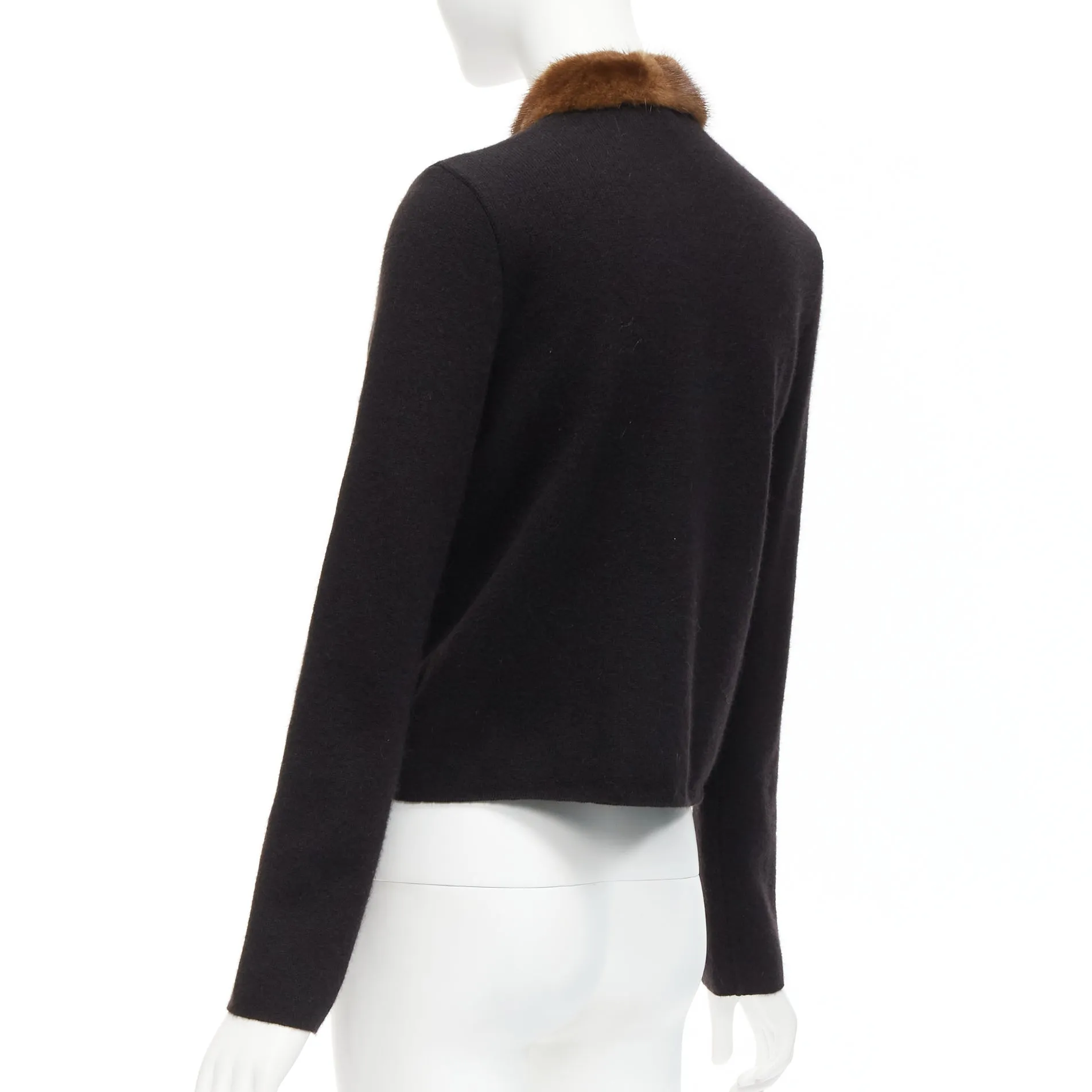 ETRO brown fur collar gold applique trim black wool cardigan IT42 M