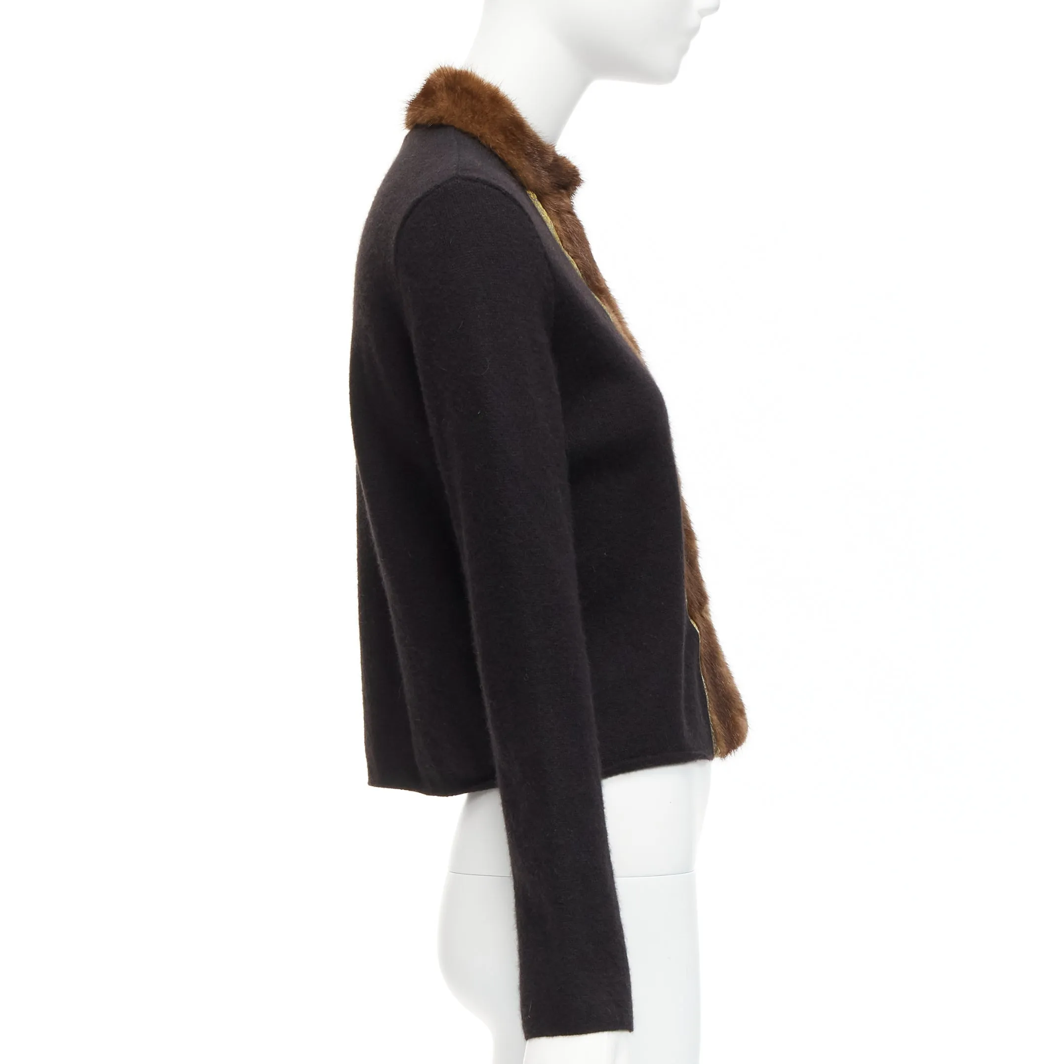 ETRO brown fur collar gold applique trim black wool cardigan IT42 M