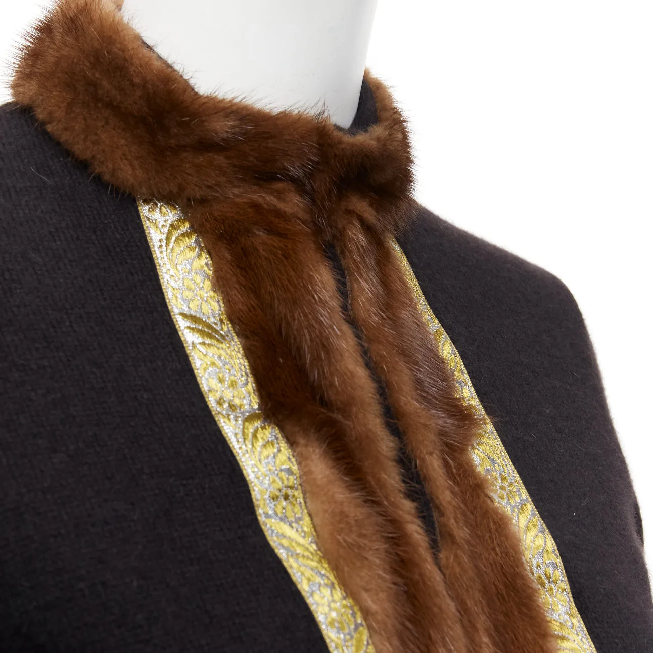 ETRO brown fur collar gold applique trim black wool cardigan IT42 M