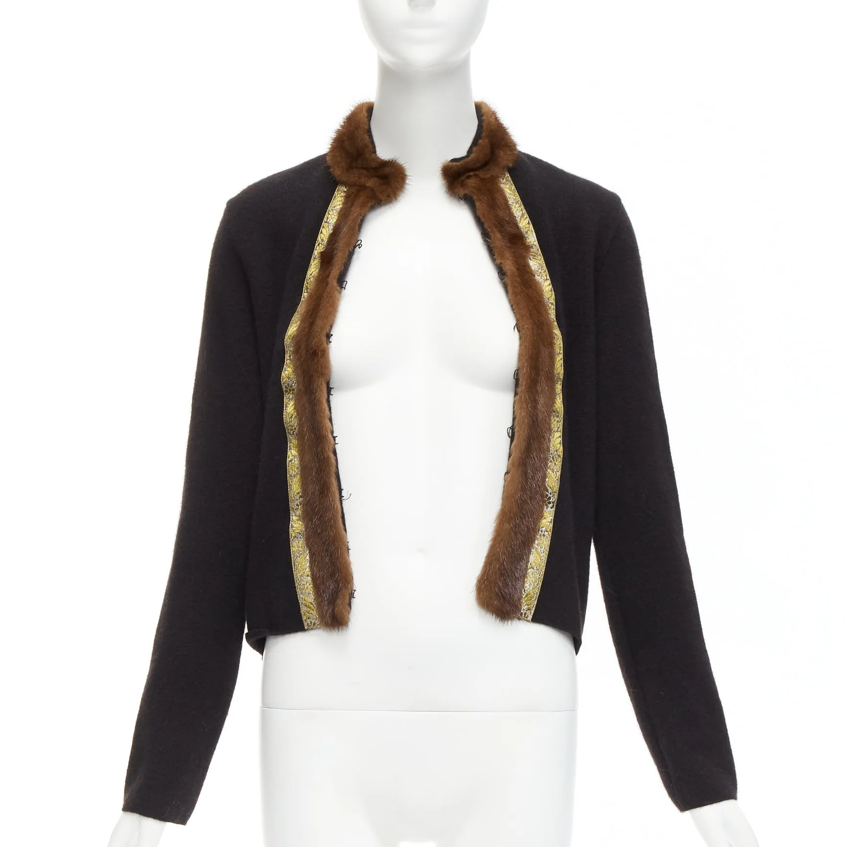 ETRO brown fur collar gold applique trim black wool cardigan IT42 M