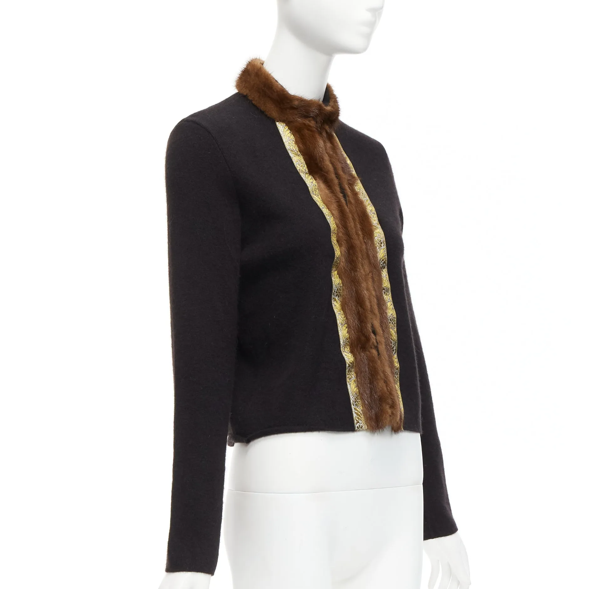 ETRO brown fur collar gold applique trim black wool cardigan IT42 M