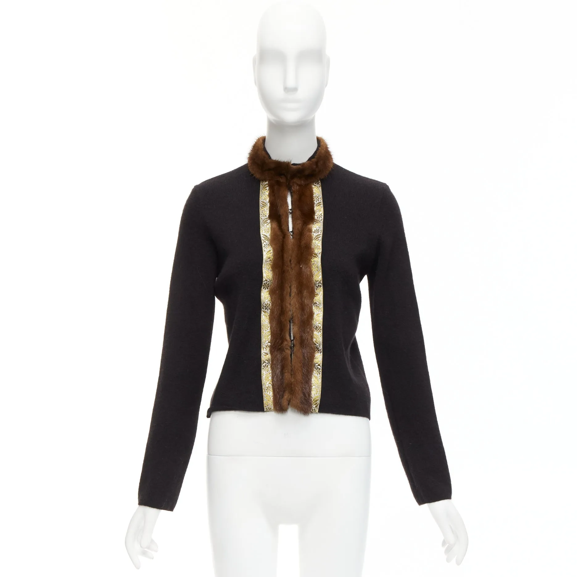 ETRO brown fur collar gold applique trim black wool cardigan IT42 M