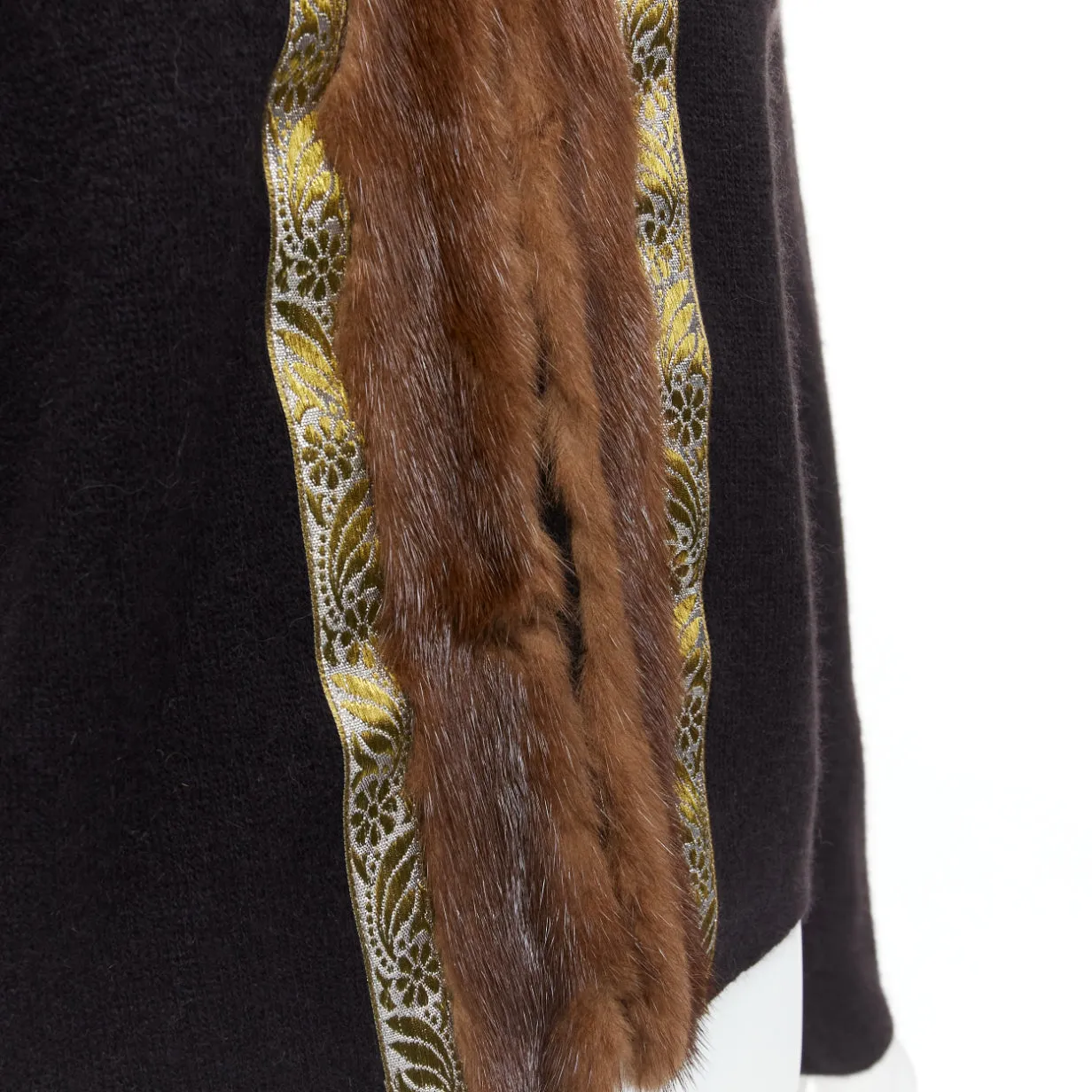 ETRO brown fur collar gold applique trim black wool cardigan IT42 M