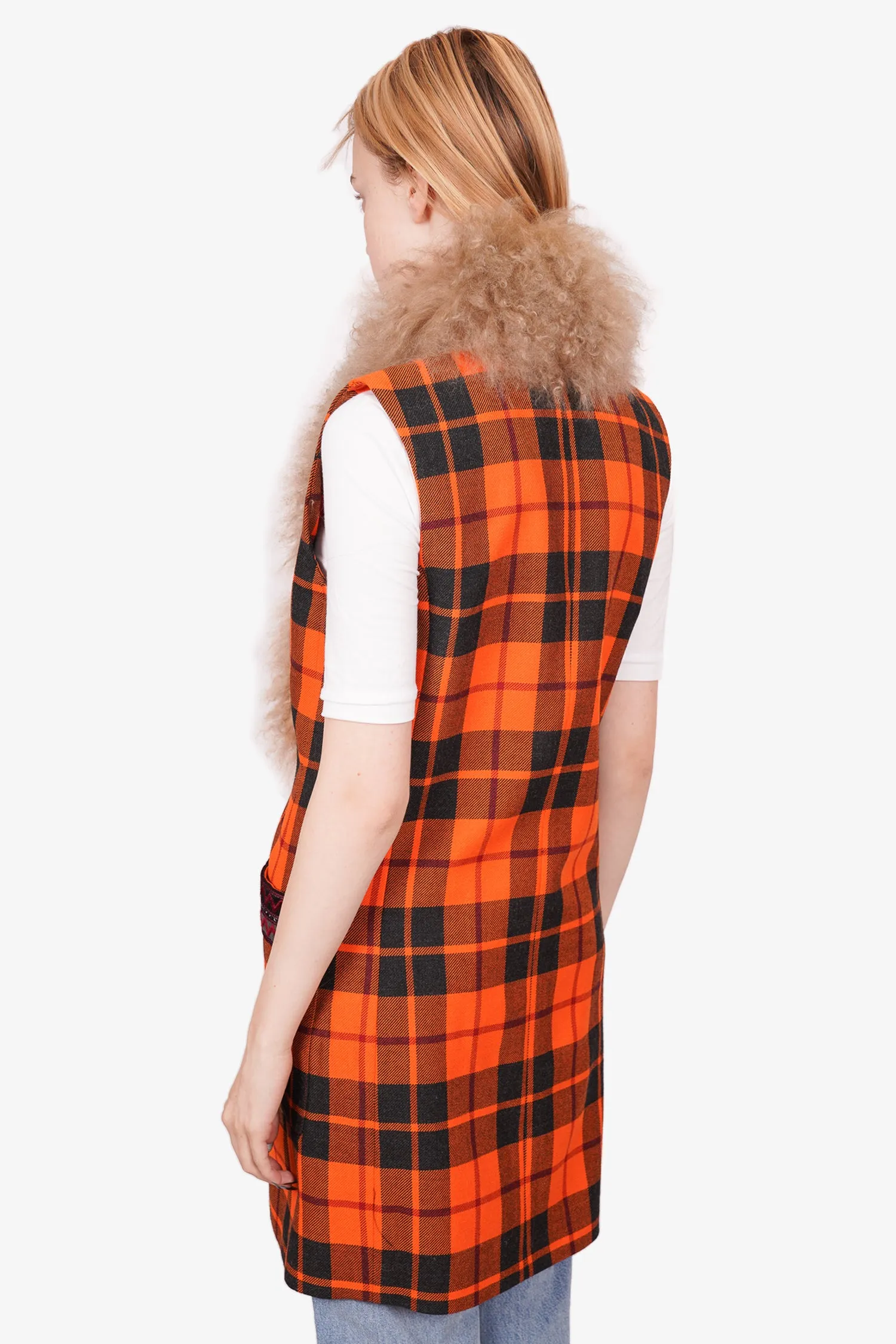 Etro Orange/Black Check Wool Vest w/ Lamb Fur Collar 42