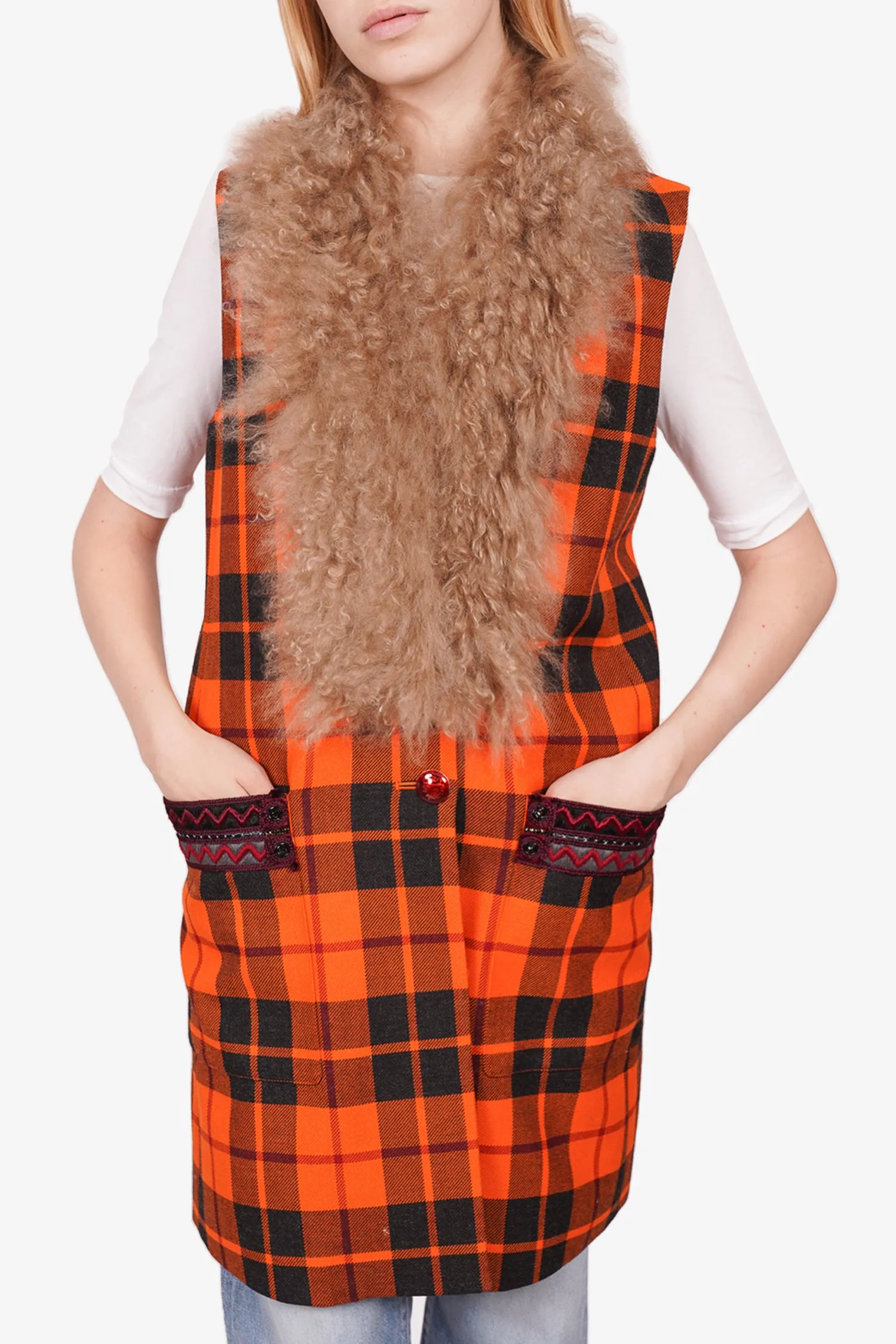 Etro Orange/Black Check Wool Vest w/ Lamb Fur Collar 42