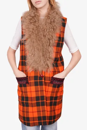 Etro Orange/Black Check Wool Vest w/ Lamb Fur Collar 42