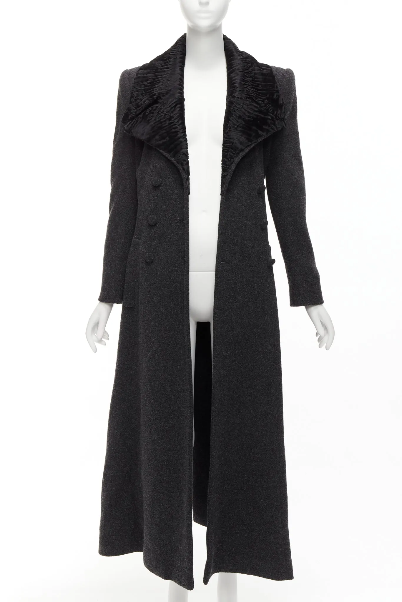 FENDI Vintage Astrakhan fur collar grey virgin wool blend longline coat IT42 M
