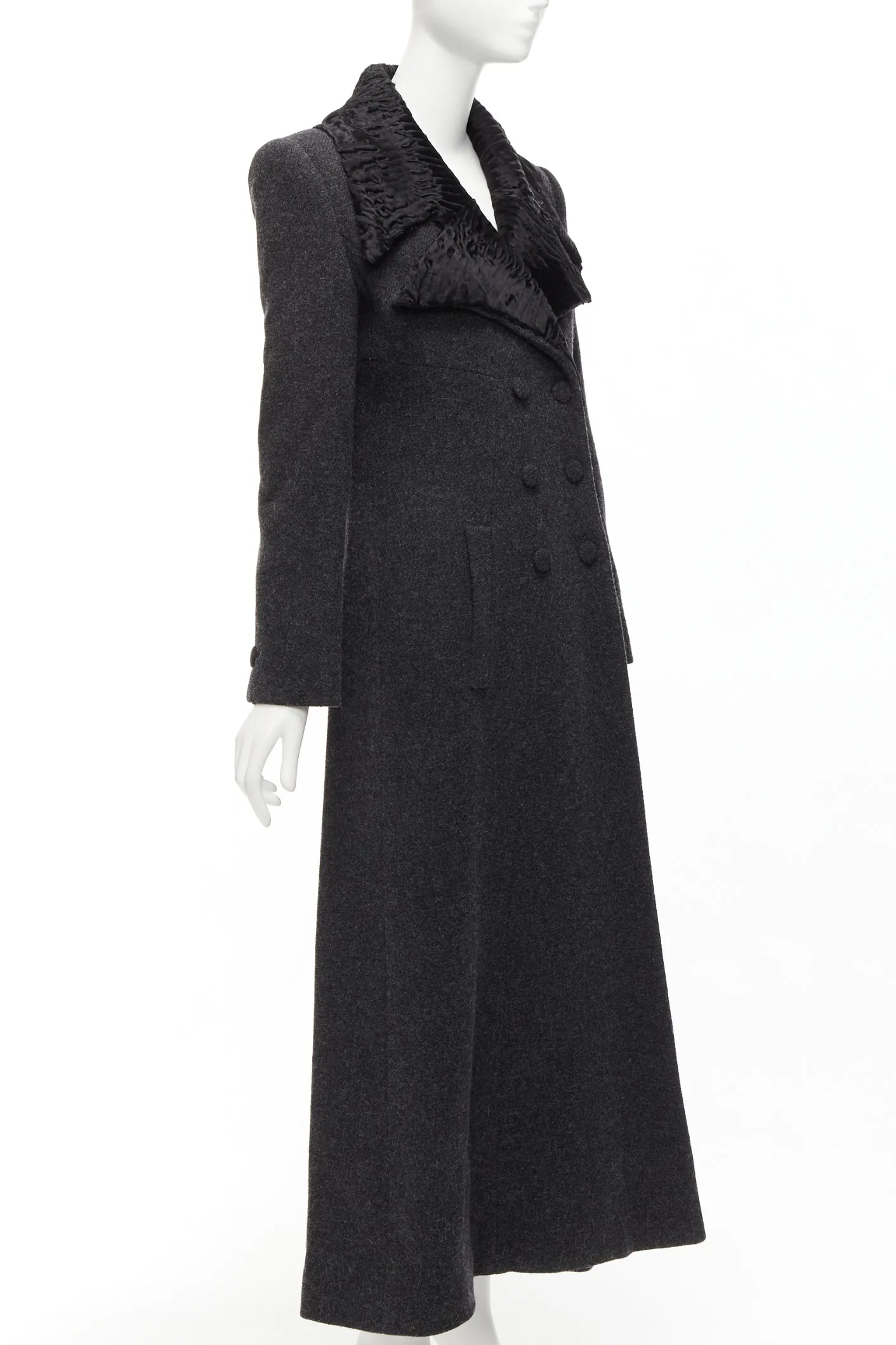 FENDI Vintage Astrakhan fur collar grey virgin wool blend longline coat IT42 M