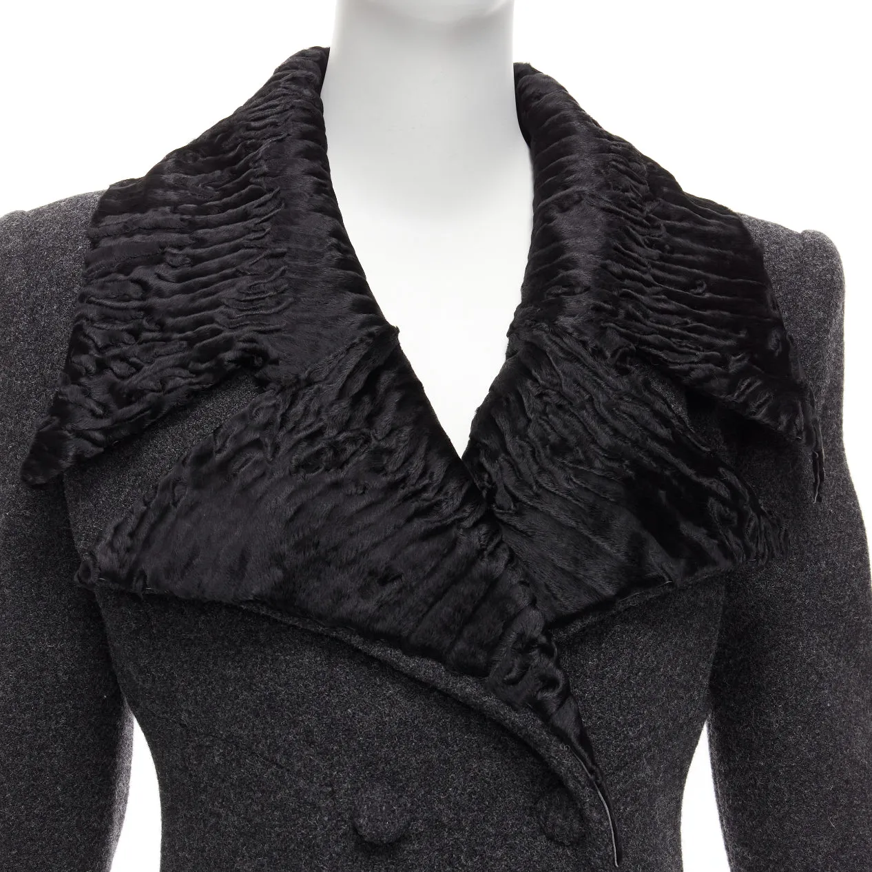 FENDI Vintage Astrakhan fur collar grey virgin wool blend longline coat IT42 M
