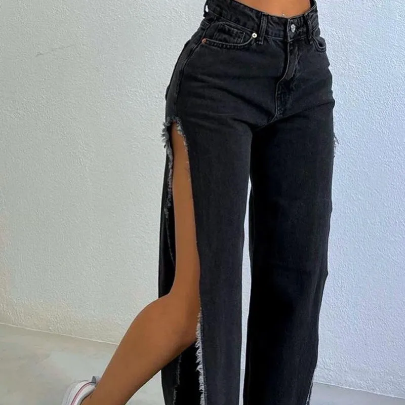 Girlary-shop fashion outfits High Waist Double-Sided Split Wide-Leg Denim Trousers 2024 Autumn Street Hipster Sexy off-Leg Pants for Women