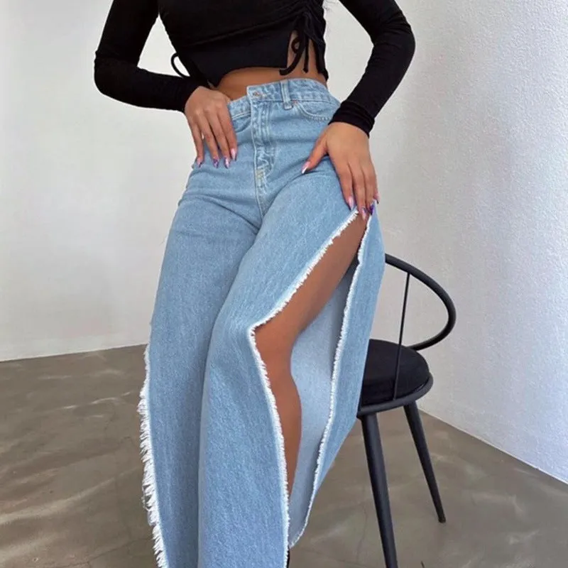 Girlary-shop fashion outfits High Waist Double-Sided Split Wide-Leg Denim Trousers 2024 Autumn Street Hipster Sexy off-Leg Pants for Women