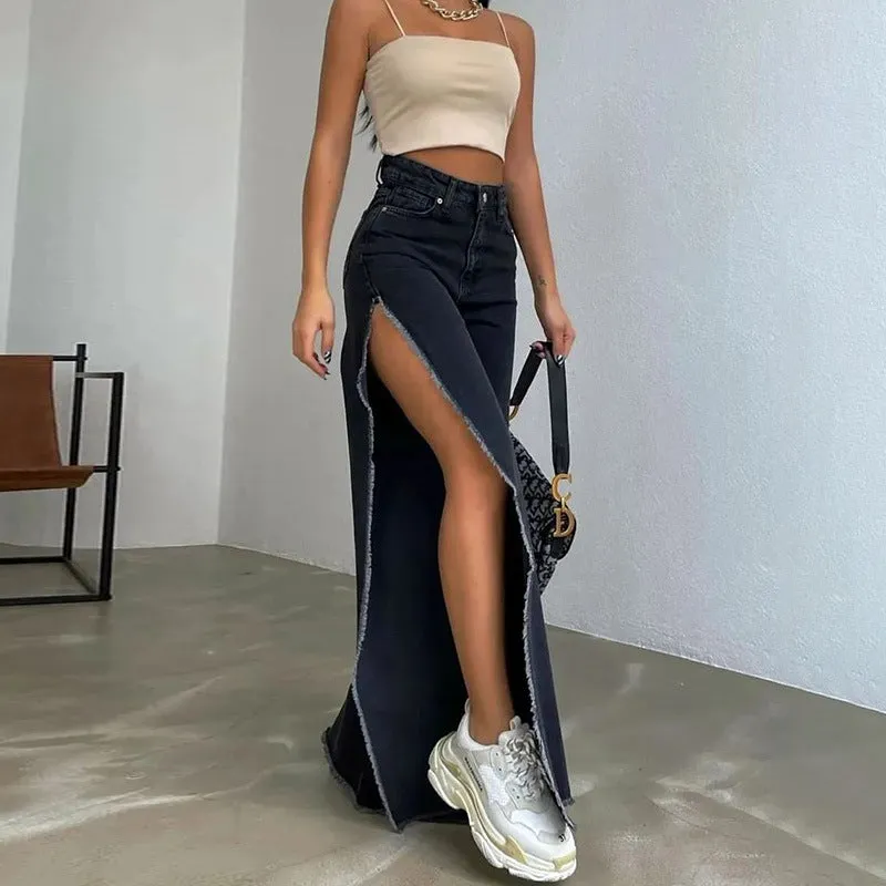 Girlary-shop fashion outfits High Waist Double-Sided Split Wide-Leg Denim Trousers 2024 Autumn Street Hipster Sexy off-Leg Pants for Women